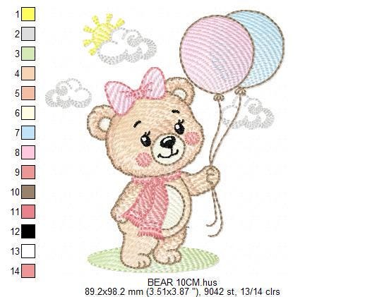 Bear with balloons embroidery designs - Baby girl with scarf machine embroidery pattern - Baby Birthday party - Instant digital download