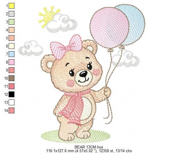 Bear with balloons embroidery designs - Baby girl with scarf machine embroidery pattern - Baby Birthday party - Instant digital download