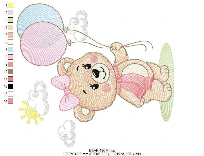 Bear with balloons embroidery designs - Baby girl with scarf machine embroidery pattern - Baby Birthday party - Instant digital download