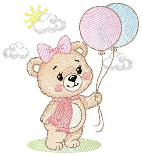 Bear with balloons embroidery designs - Baby girl with scarf machine embroidery pattern - Baby Birthday party - Instant digital download