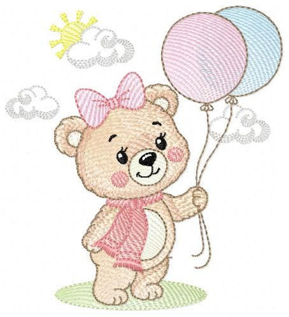 Bear with balloons embroidery designs - Baby girl with scarf machine embroidery pattern - Baby Birthday party - Instant digital download
