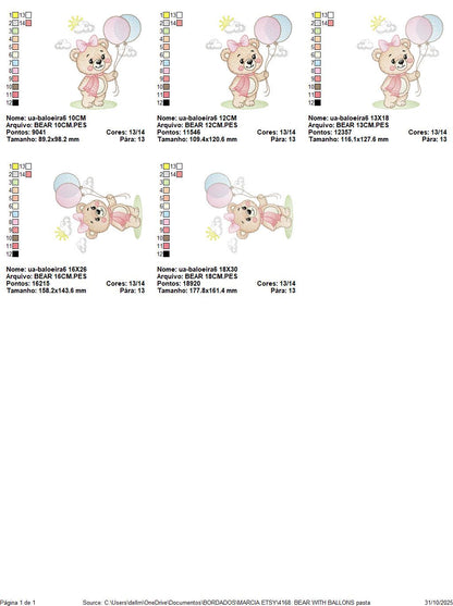 Bear with balloons embroidery designs - Baby girl with scarf machine embroidery pattern - Baby Birthday party - Instant digital download
