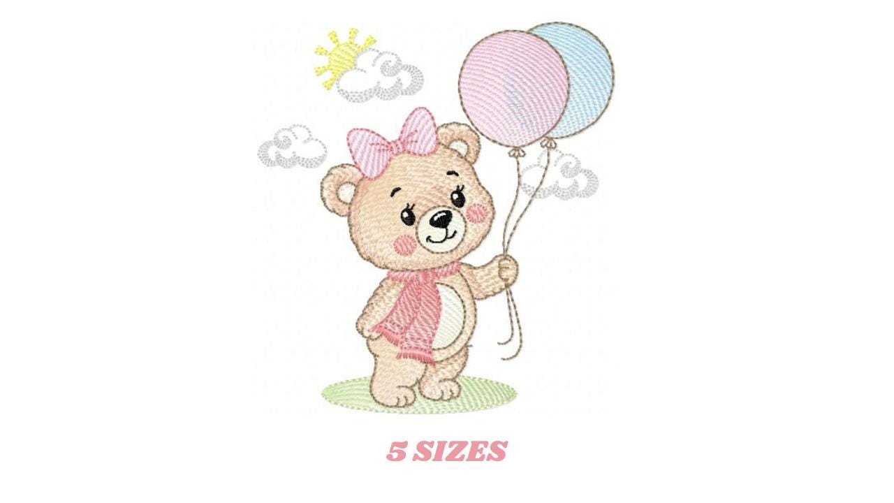 Bear with balloons embroidery designs - Baby girl with scarf machine embroidery pattern - Baby Birthday party - Instant digital download