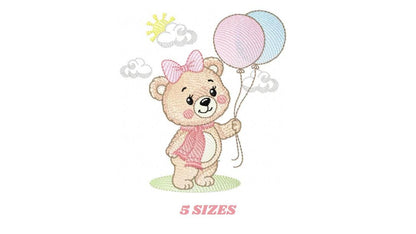 Bear with balloons embroidery designs - Baby girl with scarf machine embroidery pattern - Baby Birthday party - Instant digital download