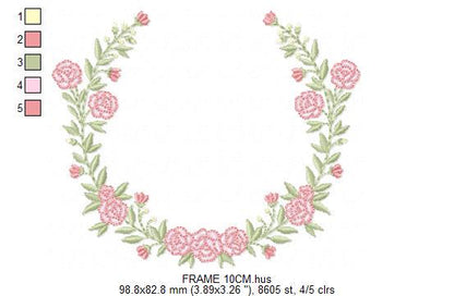 Monogram Frame with roses embroidery designs - Flower Laurel wreath machine embroidery pattern - Rose baby girl file - Instant download jef