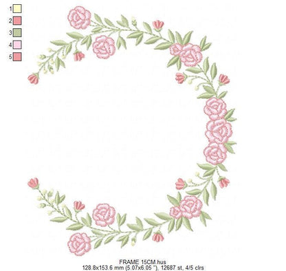 Monogram Frame with roses embroidery designs - Flower Laurel wreath machine embroidery pattern - Rose baby girl file - Instant download jef
