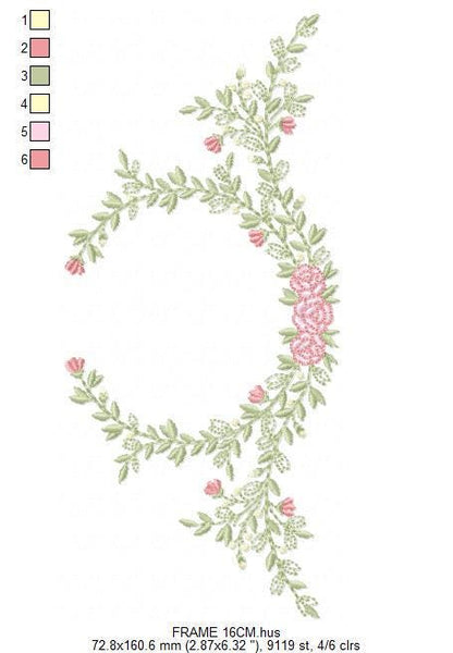 Monogram Frame with roses embroidery designs - Flower Laurel wreath machine embroidery pattern - Rose baby girl file - Instant download pes