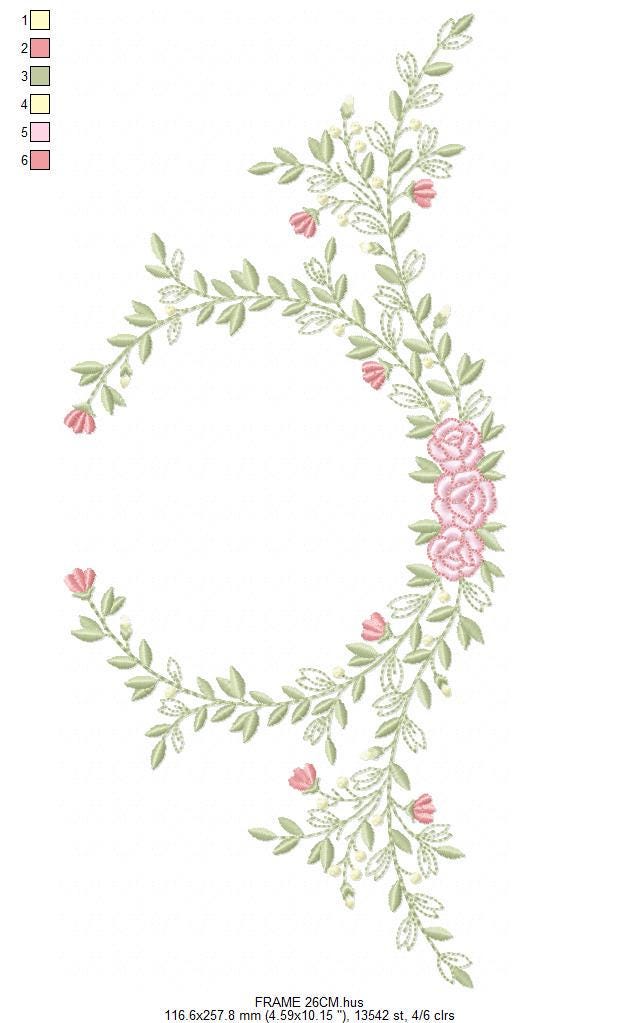 Monogram Frame with roses embroidery designs - Flower Laurel wreath machine embroidery pattern - Rose baby girl file - Instant download pes