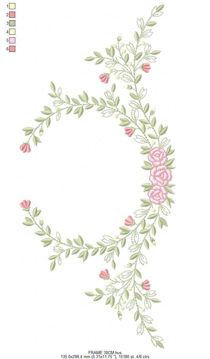 Monogram Frame with roses embroidery designs - Flower Laurel wreath machine embroidery pattern - Rose baby girl file - Instant download pes