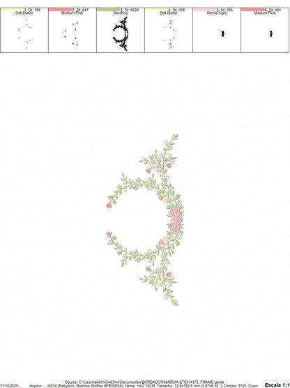 Monogram Frame with roses embroidery designs - Flower Laurel wreath machine embroidery pattern - Rose baby girl file - Instant download pes