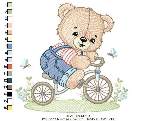 Male Bear with bike embroidery designs - Bear with bicycle machine embroidery pattern - Baby boy file - Instant digital download pes jef dst