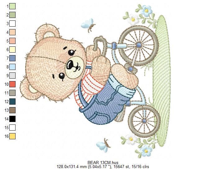 Male Bear with bike embroidery designs - Bear with bicycle machine embroidery pattern - Baby boy file - Instant digital download pes jef dst