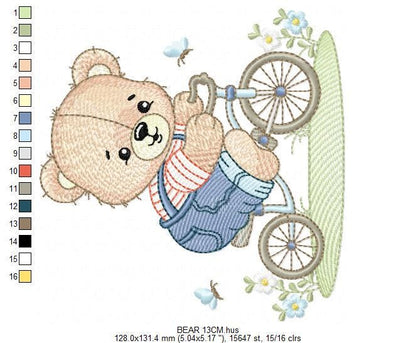Male Bear with bike embroidery designs - Bear with bicycle machine embroidery pattern - Baby boy file - Instant digital download pes jef dst
