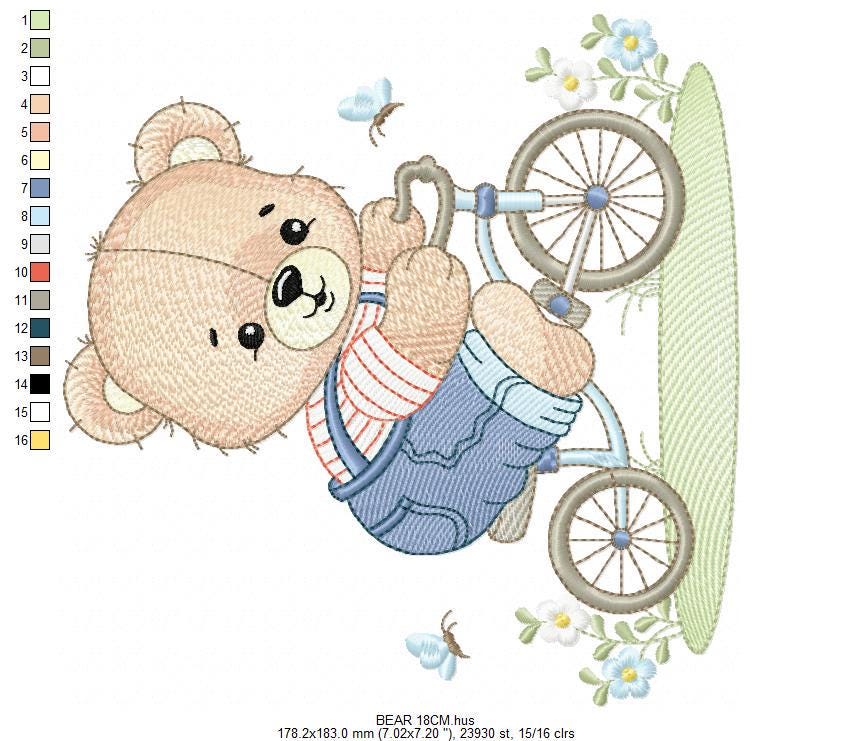 Male Bear with bike embroidery designs - Bear with bicycle machine embroidery pattern - Baby boy file - Instant digital download pes jef dst