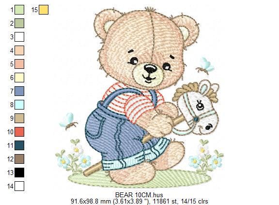 Male Bear with toy horse embroidery designs - Baby boy playing machine embroidery pattern - Instant digital download pes jef dst hus vp3 xxx