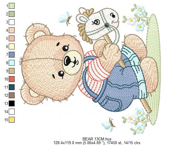 Male Bear with toy horse embroidery designs - Baby boy playing machine embroidery pattern - Instant digital download pes jef dst hus vp3 xxx