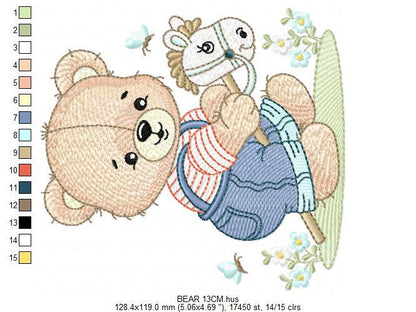 Male Bear with toy horse embroidery designs - Baby boy playing machine embroidery pattern - Instant digital download pes jef dst hus vp3 xxx