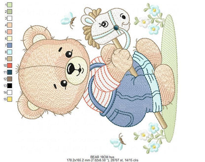 Male Bear with toy horse embroidery designs - Baby boy playing machine embroidery pattern - Instant digital download pes jef dst hus vp3 xxx