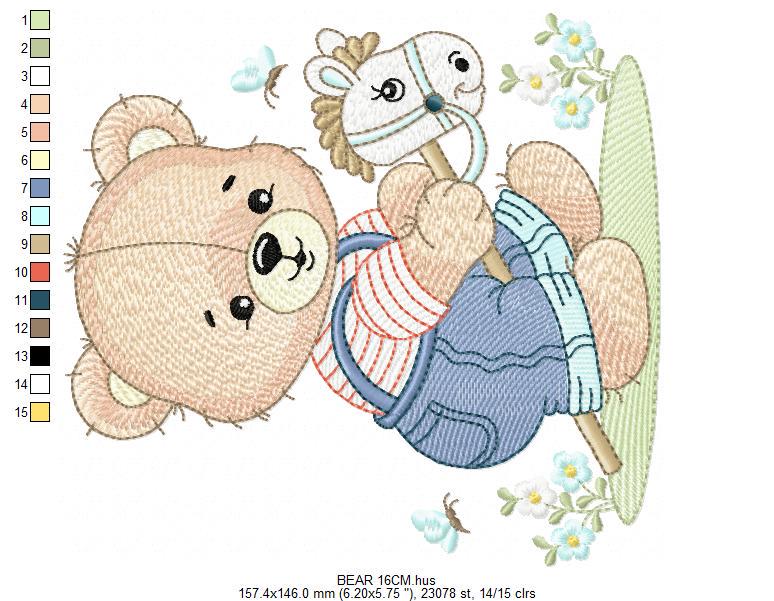 Male Bear with toy horse embroidery designs - Baby boy playing machine embroidery pattern - Instant digital download pes jef dst hus vp3 xxx