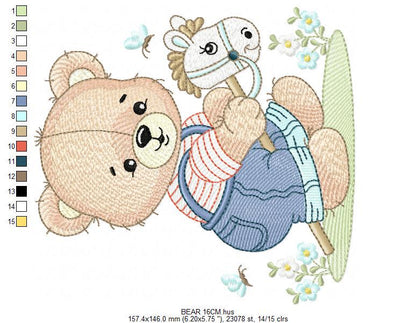 Male Bear with toy horse embroidery designs - Baby boy playing machine embroidery pattern - Instant digital download pes jef dst hus vp3 xxx