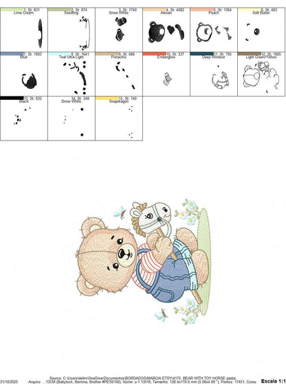 Male Bear with toy horse embroidery designs - Baby boy playing machine embroidery pattern - Instant digital download pes jef dst hus vp3 xxx