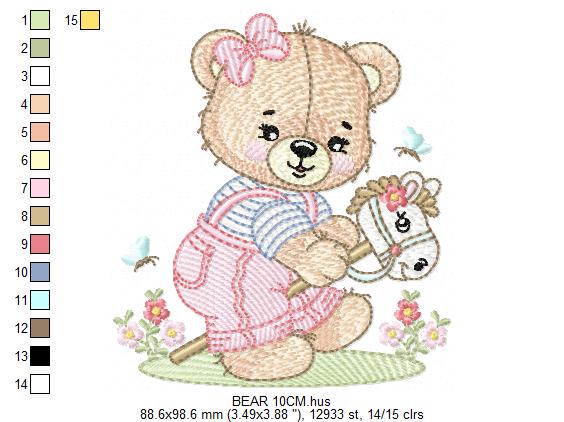 Female Bear with toy horse embroidery designs - Baby girl playing machine embroidery pattern - Instant digital download pes jef dst hus vp3