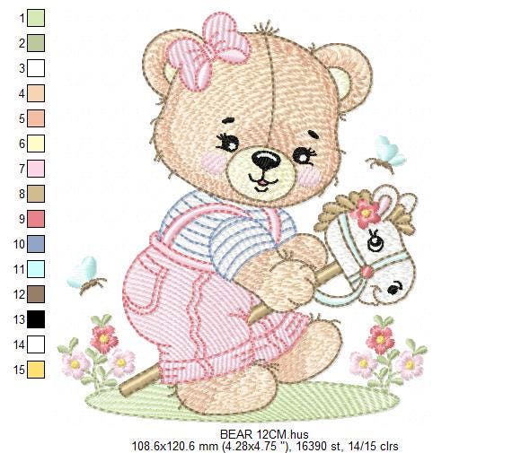 Female Bear with toy horse embroidery designs - Baby girl playing machine embroidery pattern - Instant digital download pes jef dst hus vp3