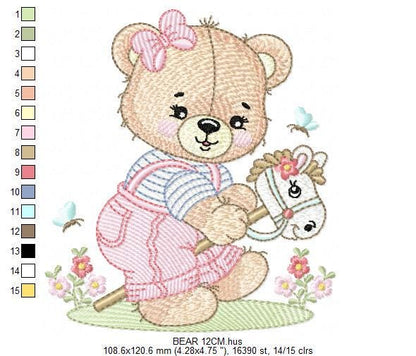 Female Bear with toy horse embroidery designs - Baby girl playing machine embroidery pattern - Instant digital download pes jef dst hus vp3