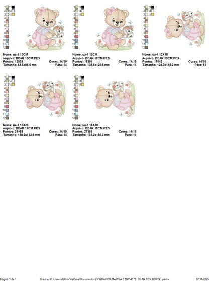 Female Bear with toy horse embroidery designs - Baby girl playing machine embroidery pattern - Instant digital download pes jef dst hus vp3