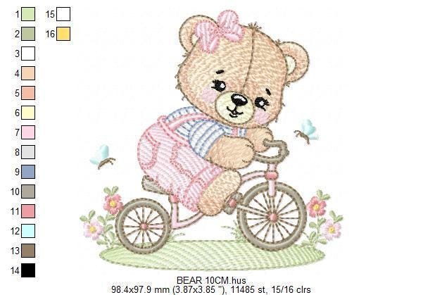 Female Bear with bike embroidery designs - Bear with bicycle machine embroidery pattern - Baby girl file - Instant digital download pes jef