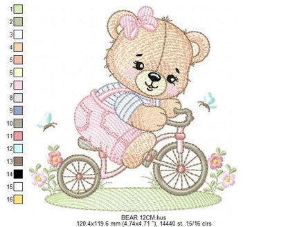 Female Bear with bike embroidery designs - Bear with bicycle machine embroidery pattern - Baby girl file - Instant digital download pes jef