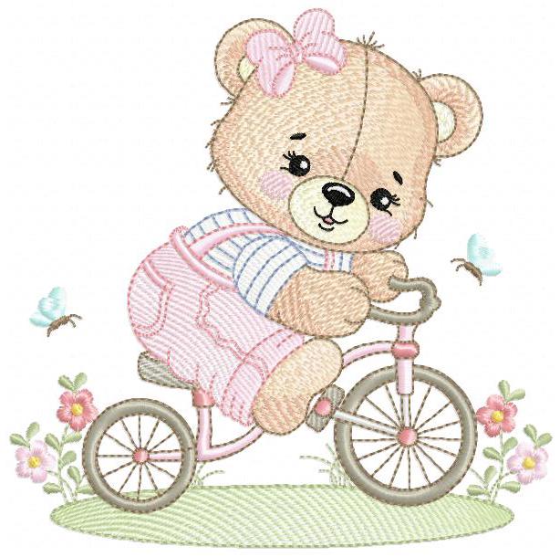 Female Bear with bike embroidery designs - Bear with bicycle machine embroidery pattern - Baby girl file - Instant digital download pes jef