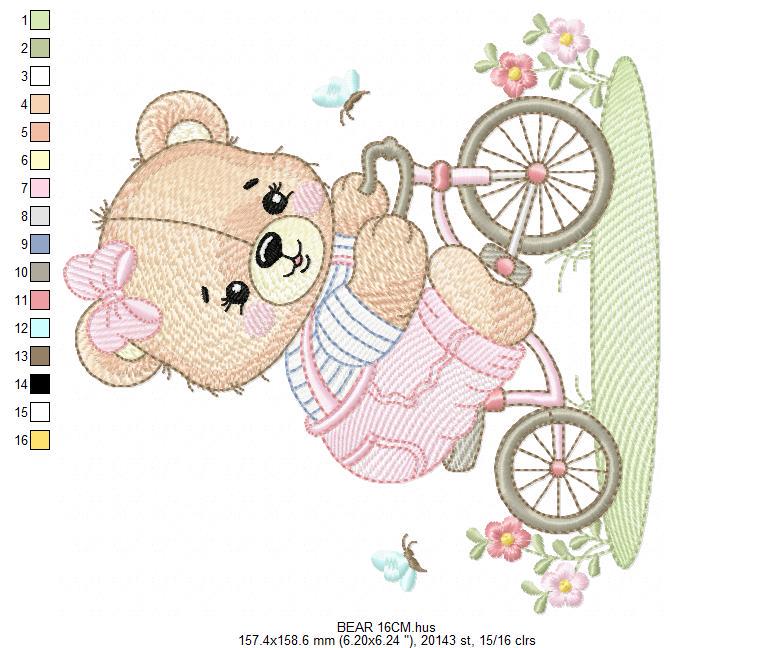 Female Bear with bike embroidery designs - Bear with bicycle machine embroidery pattern - Baby girl file - Instant digital download pes jef