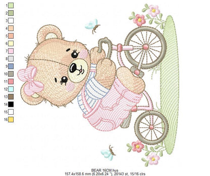 Female Bear with bike embroidery designs - Bear with bicycle machine embroidery pattern - Baby girl file - Instant digital download pes jef