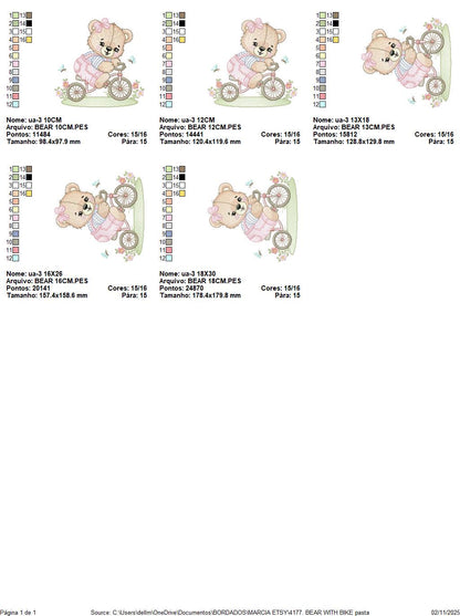 Female Bear with bike embroidery designs - Bear with bicycle machine embroidery pattern - Baby girl file - Instant digital download pes jef