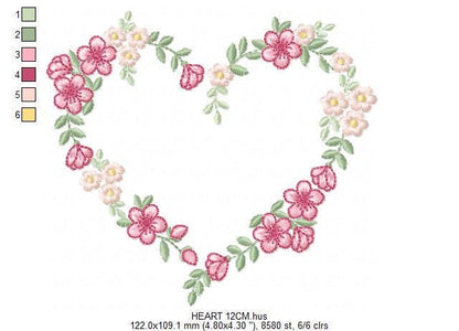Heart with flowers embroidery designs - Flower heart frame machine embroidery pattern - Baby girl file - Instant digital download pes jef
