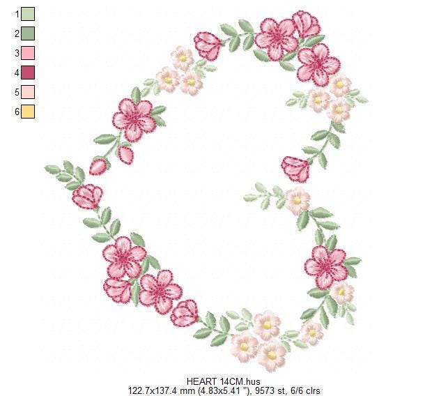 Heart with flowers embroidery designs - Flower heart frame machine embroidery pattern - Baby girl file - Instant digital download pes jef