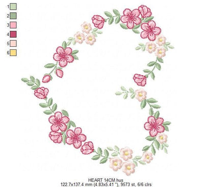 Heart with flowers embroidery designs - Flower heart frame machine embroidery pattern - Baby girl file - Instant digital download pes jef