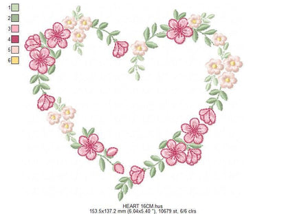 Heart with flowers embroidery designs - Flower heart frame machine embroidery pattern - Baby girl file - Instant digital download pes jef