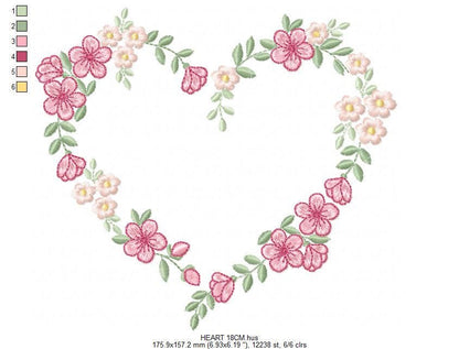 Heart with flowers embroidery designs - Flower heart frame machine embroidery pattern - Baby girl file - Instant digital download pes jef