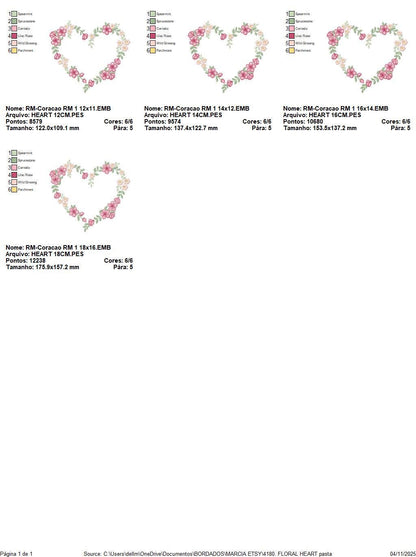 Heart with flowers embroidery designs - Flower heart frame machine embroidery pattern - Baby girl file - Instant digital download pes jef