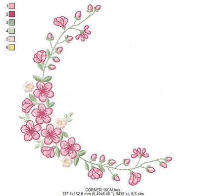 Roses Corner embroidery designs - Cherry Blossom Flowers machine embroidery pattern - Floral Frame file - Instant digital download pes jef