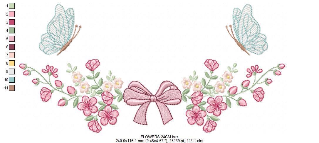 Flowers with lace embroidery designs - Cherry Blossoms with butterfly machine embroidery pattern - Floral Kitchen Towel - Instant download