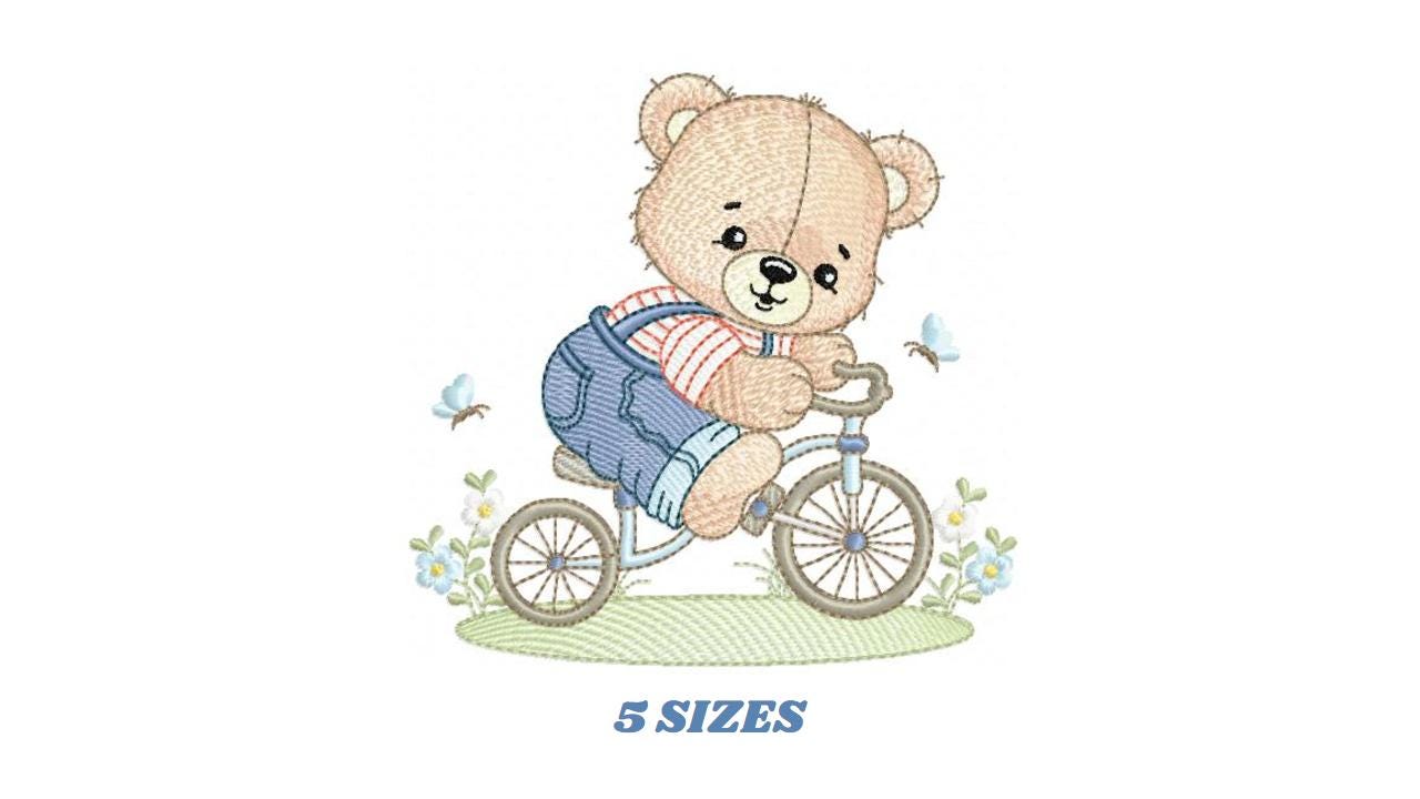 Male Bear with bike embroidery designs - Bear with bicycle machine embroidery pattern - Baby boy file - Instant digital download pes jef dst
