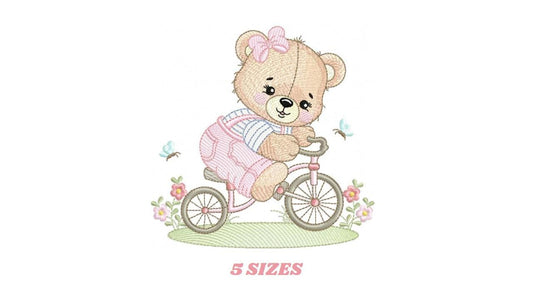 Female Bear with bike embroidery designs - Bear with bicycle machine embroidery pattern - Baby girl file - Instant digital download pes jef