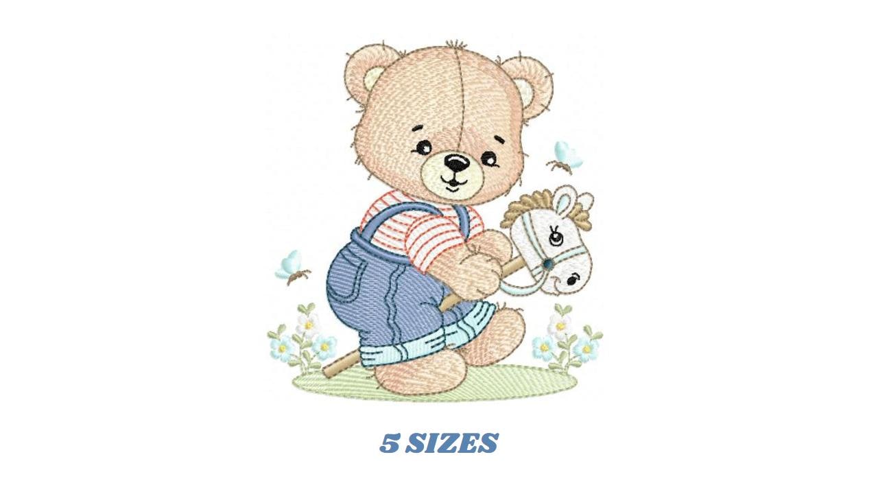 Male Bear with toy horse embroidery designs - Baby boy playing machine embroidery pattern - Instant digital download pes jef dst hus vp3 xxx