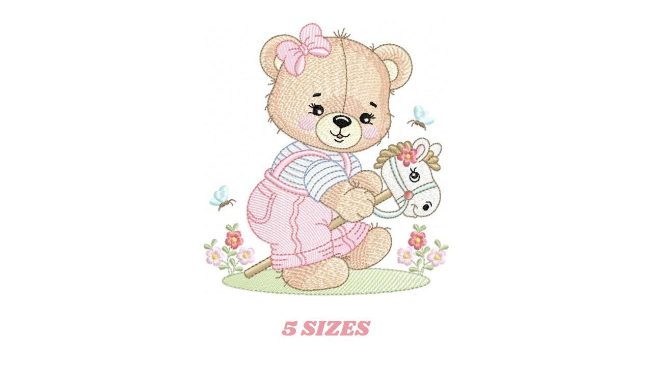 Female Bear with toy horse embroidery designs - Baby girl playing machine embroidery pattern - Instant digital download pes jef dst hus vp3