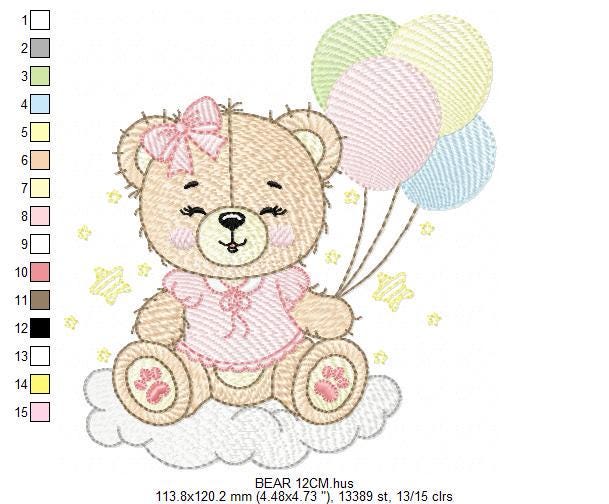 Bear with balloons embroidery designs - Baby girl pink bow and cloud machine embroidery pattern - Birthday party - Instant digital download