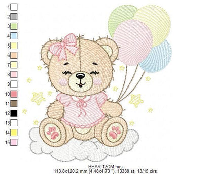 Bear with balloons embroidery designs - Baby girl pink bow and cloud machine embroidery pattern - Birthday party - Instant digital download
