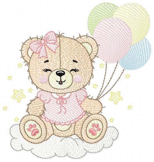 Bear with balloons embroidery designs - Baby girl pink bow and cloud machine embroidery pattern - Birthday party - Instant digital download